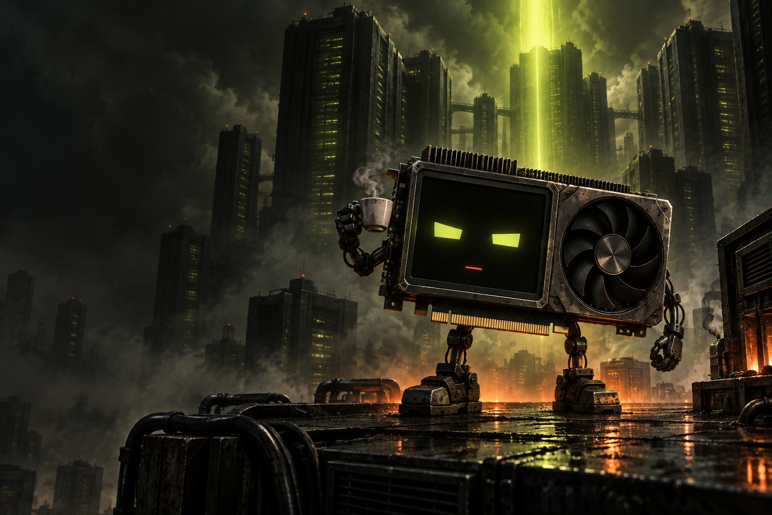 MELT stands on a misty server-city rooftop, holding coffee under a lime beam of light
