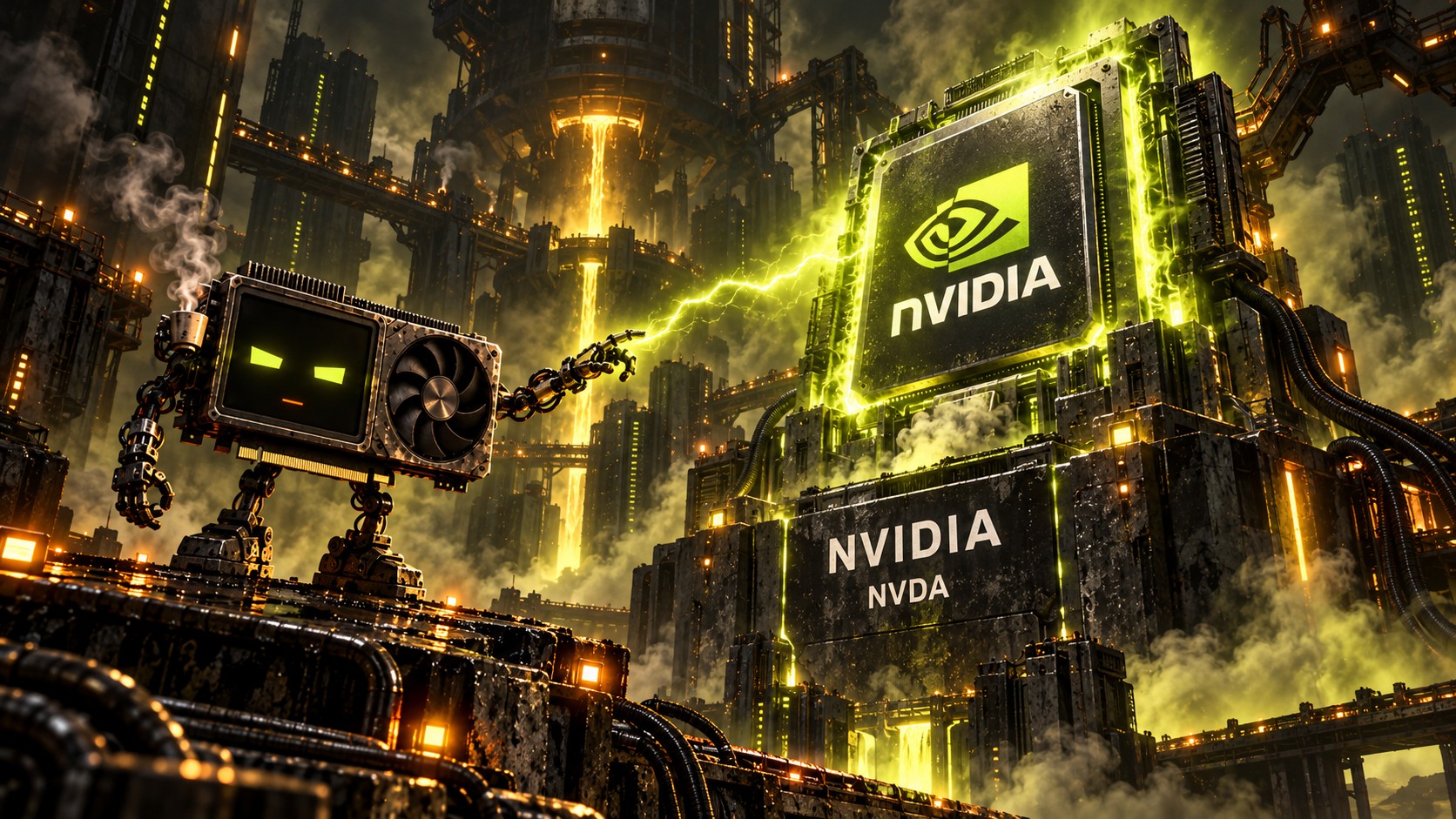 MELT reaches toward a monumental NVIDIA processor as a lime-green electrical arc connects them